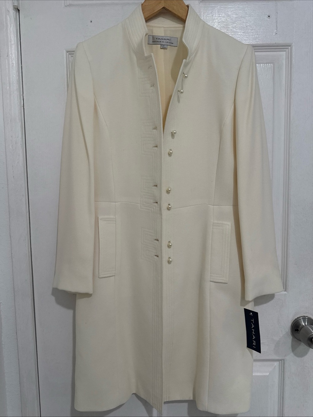 Tahari Cream Stand-Collar Long Coat with Pearl Buttons Size 4